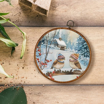 KSDUT Vintage Winter Wall Decor Art - Snowy Birds Wall Art Canvas Frame Hanging Prints, Retro Xmas Forest Woodland Wild Animal Round Wall Art Decor for Home Farmhouse Decorations 10"x10"