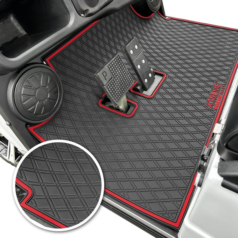 Xtreme Golf Cart Mats Rubber Floor Mat Compatible with Evolution Classic Plus/Pro, Forester, Turfman (17-22) Golf Cart Models | Full Coverage Liner Protection - Red Trim