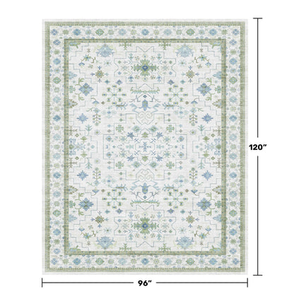 Hazo Haus Blue and Green Living Room Rug 8x10 - Cream Oushak Vintage Boho Floral Farmhouse, Washable Low Pile Non-Slip Extra Large Area Rugs for Bedroom, Girls, Boys, Playroom, Lounge