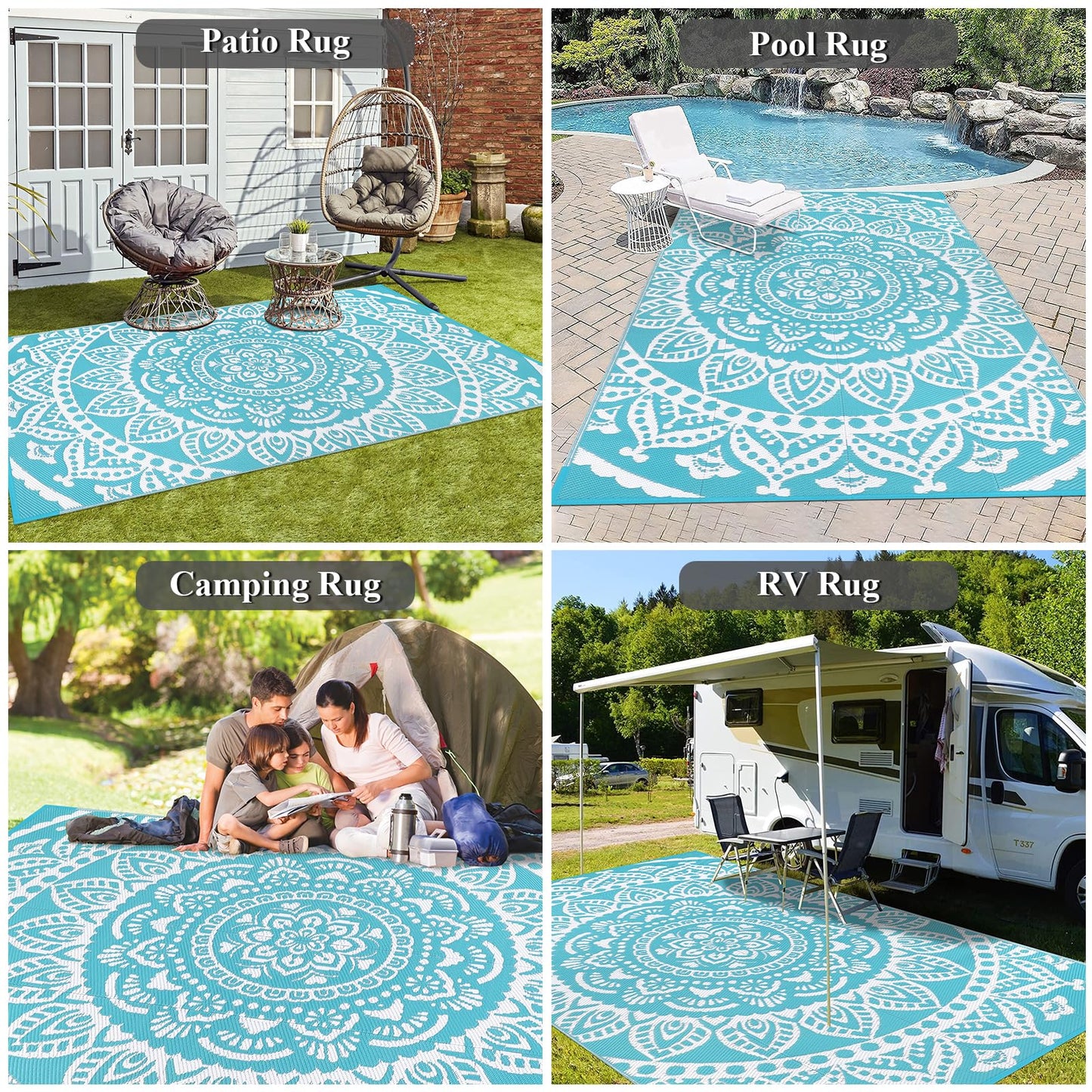 Bsmathom Waterproof Outdoor Rug 6'x9' Reversible Boho Plastic Straw Patio Deck Camping Rugs, Indoor Outdoor Portable RV Mat Clearance Carpet for Outside, Porch, Balcony, Backyard, Beach, Pool,Teal