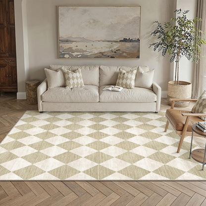 WondRg 5x7 Checkered Beige Area Rug for Living Room Bedroom Washable Soft Modern Non Slip Thin Throw Rug Lightweight Low Pile Neutral Carpet Dining Room Nursery Playroom Office