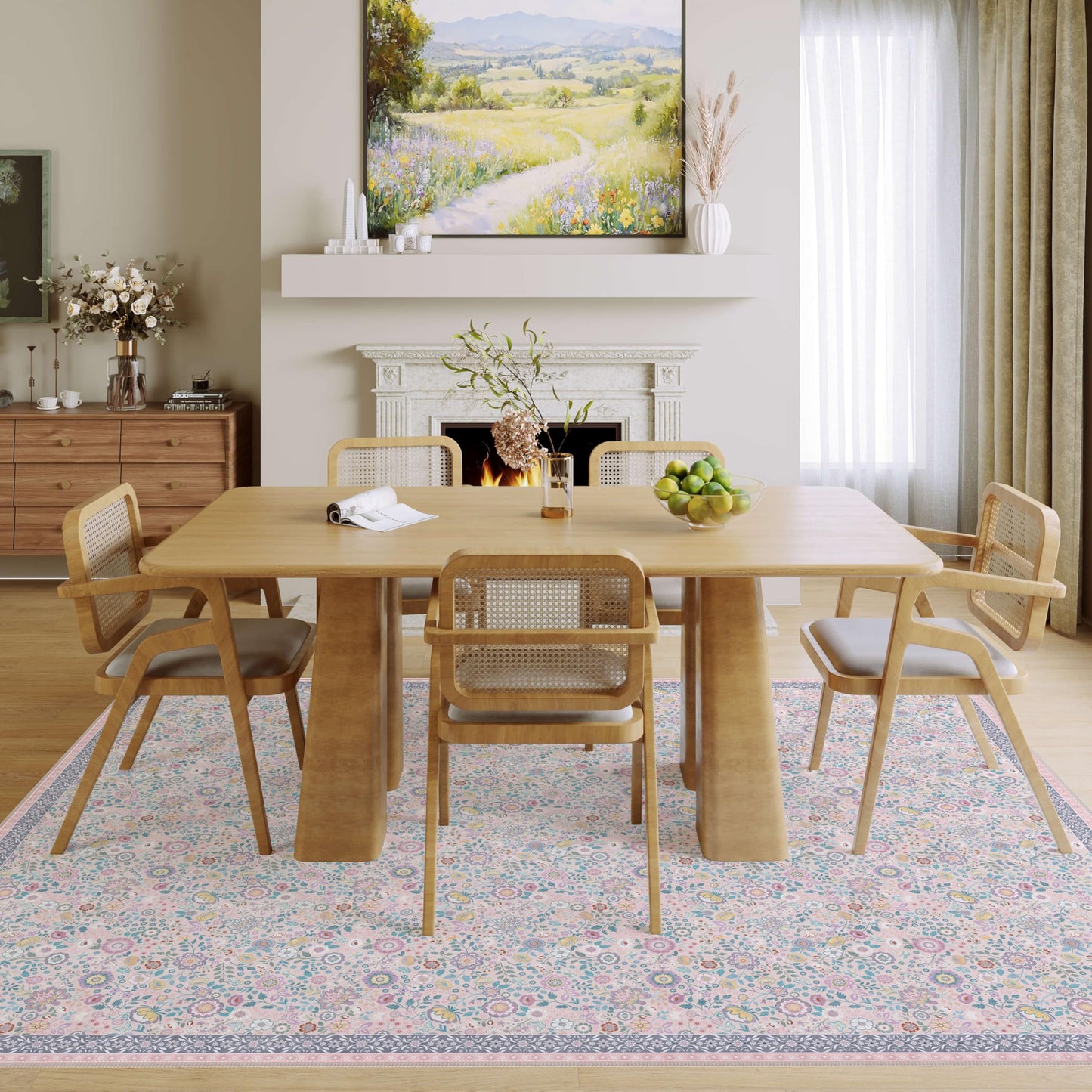Clemile Floral Area Rug 5x7 - Washable Ultra-Thin Living Room Rug Non-Slip Carpets - Soft & Stain Resistant Rug for Kitchen Bedroom Dining Room Indoor Colorful Pink