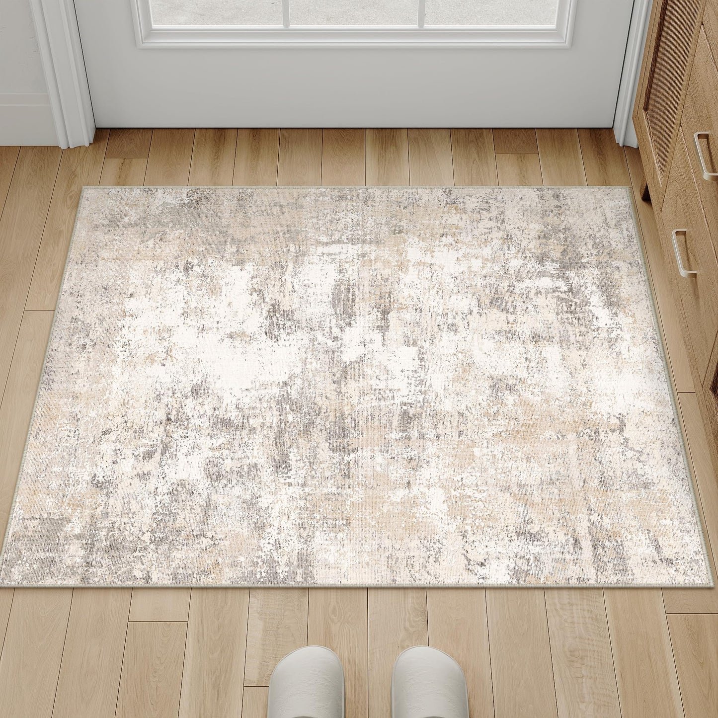 WondRg 2x3 Washable Area Rug Beige Grey Abstract Non Slip Soft Low Pile Small Rug for Entryway Kitchen Bathroom Neutral Modern Throw Carpet for Living Room Bedroom Home Decor