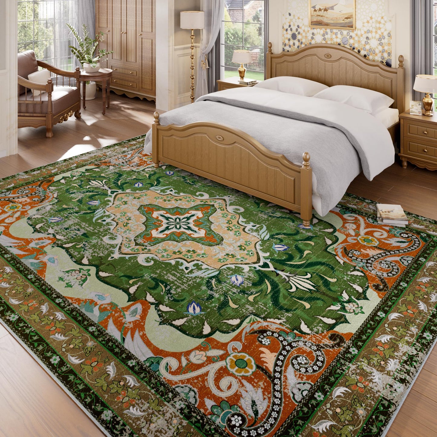 RUSHUFFY 6x9 Washable Area Rugs for Living Room, Non-Slip Boho Vintage Traditional Medallion Print Pattern Carpet for Bedroom Dining Room Farmhouse Nursery Room, Dark Green