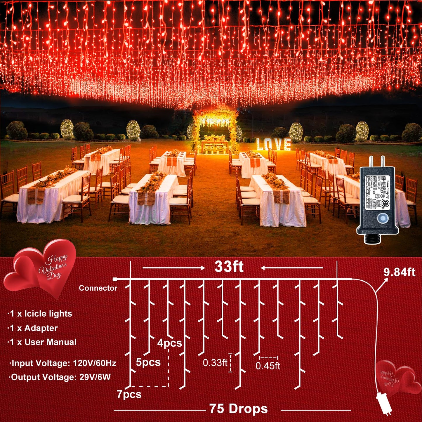 Vivideal 33ft Red Christmas Lights - 400 LED Icicle Lights for Outside & Indoor Use, 8 Modes Timer, Waterproof for House, Yard, Eave, Patio, Wedding, Party & Holiday Decoration