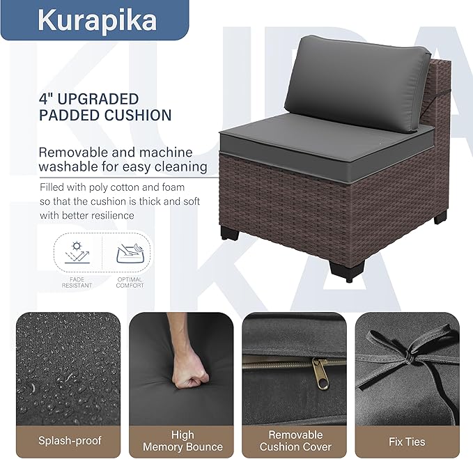 Kurapika 8 Pieces Patio Furniture Set, Rattan Wicker Outdoor Conversation Sets w/43in Propane Fire Pit Table and 4 Inch Cushion(Grey)