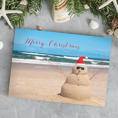 Canopy Street Masterpiece Beach Snowman Cards / 16 Merry Christmas Holiday Card Set With White Envelopes / 5 5/8" x 7 7/8" Winter Greeting Cards With Meaningful Inside Verse