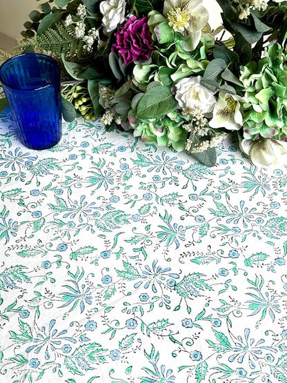 ATOSII Aster Blue 100% Cotton Round Tablecloth, Handblock Print Floral Table Cloth for Kitchen Dining Linen I Parties, Weddings, Outdoors, Easter, Spring Summer Decor I 90" Inches Round