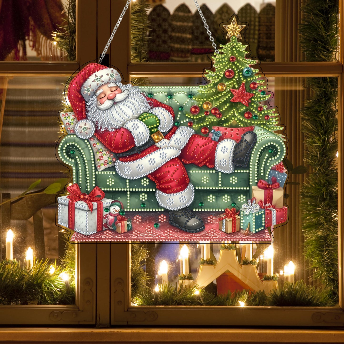 DIY Acrylic Diamond Art Painting Wreath Kits Special Shaped Rhinestone 5D Diamond Art Window Pendants Home Garden Wall Hanging Kits Hanging Ornament (Sleepy Santa Claus)