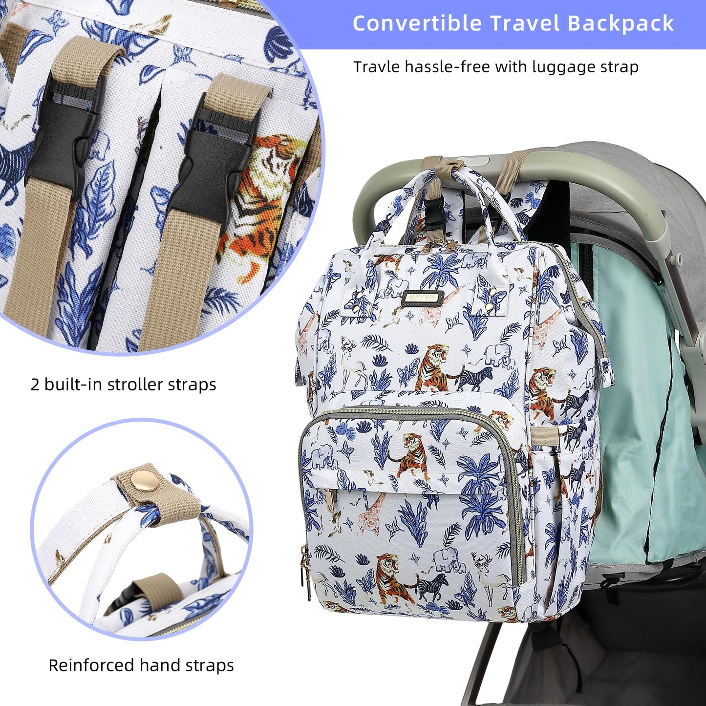 Diaper Bag Backpack, Diaper Bags for Baby Girls Boys, Baby Bags for Moms Dads, Nappy Changing Bag with Insulated Pockets,Multi-functional Waterproof Backpack with Stroller straps-Animal World White