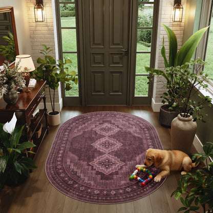 Clemile 4x6 Oval Rug - Washable Ultra-Thin Living Room Rug Vintage Non-Slip Carpets - Soft & Stain Resistant Rug for Kitchen Bedroom Dining Room Living Room Red Burgundy