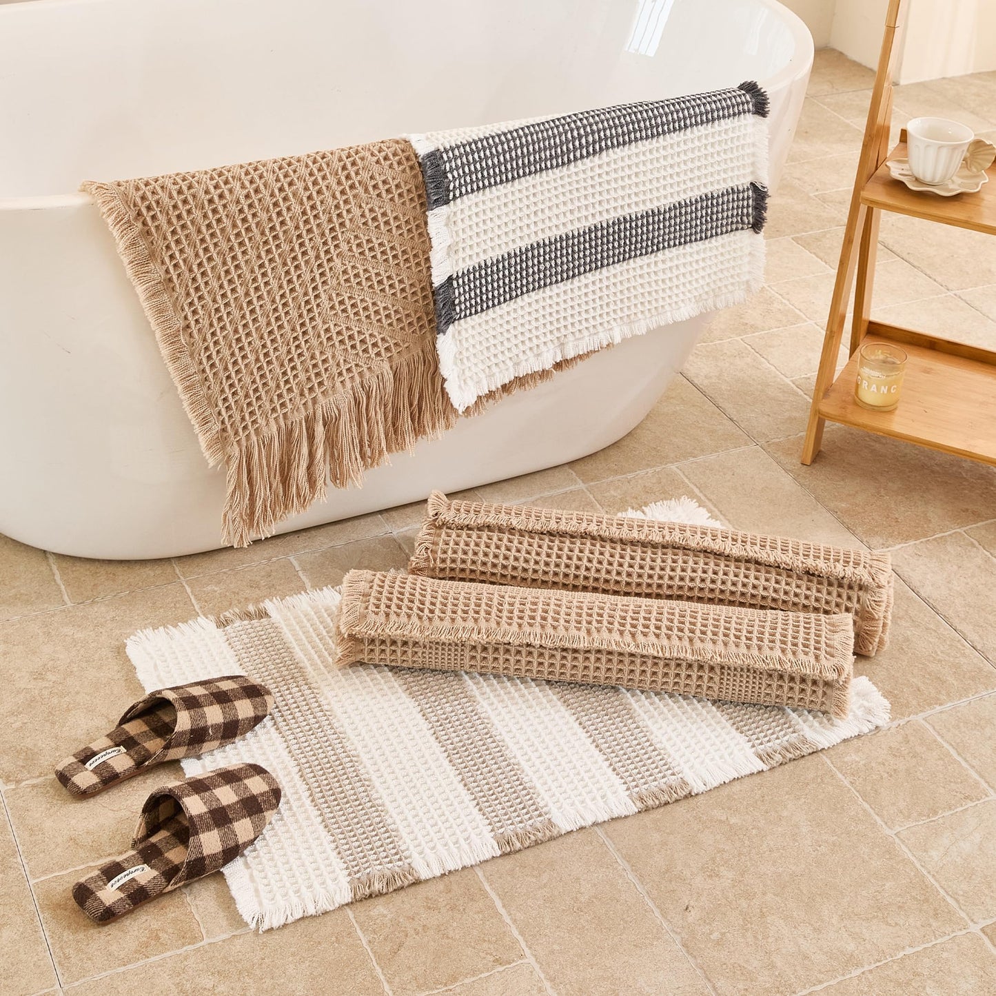 KaviKon Waffle Bath Mat Non Slip, Boho Bathroom Rug, Super Absorbent Quick Dry Bathroom Mat, Soft Farmhouse Bath Rug with Tassels, Small Washable Shower Mats for Floor 16"x24", White and Taupe