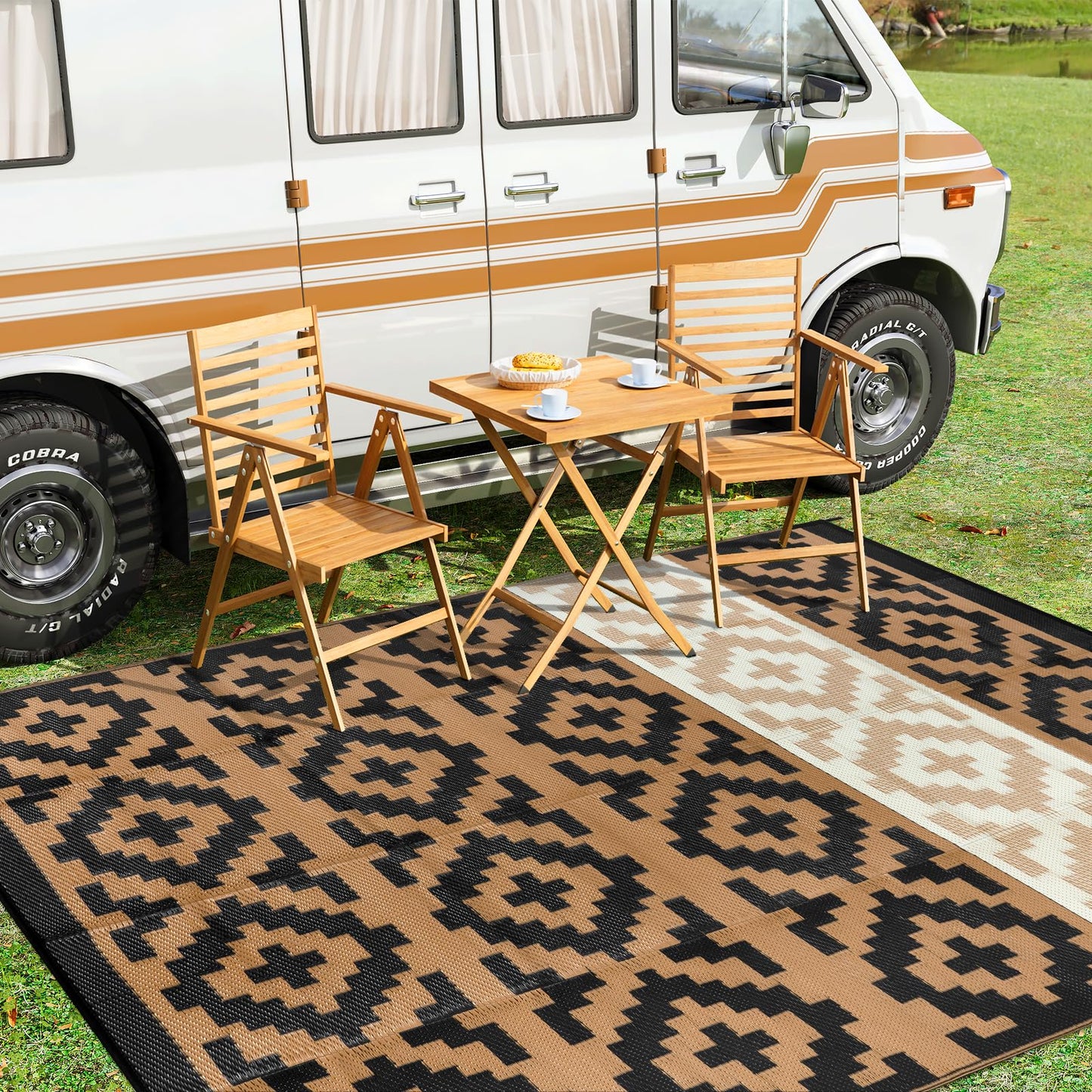 Anidaroel Outdoor Rugs 8x10 for Patios Clearance, Reversible Plastic Straw Outside Rug, Large Outdoor Area Rug RV Camping Mat for Deck, Backyard, Picnic, Beach, Trailer(Black&Brown, 8‘x10')