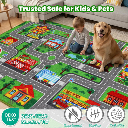 Kids Rug Car Carpet 78.7"x59", Car Rug for Kids Room Playroom Bedroom, Non-Slip Town City Road Map Rugs, Track Car Mat for Kids Boys Girls (78.7X59Inch,Green)