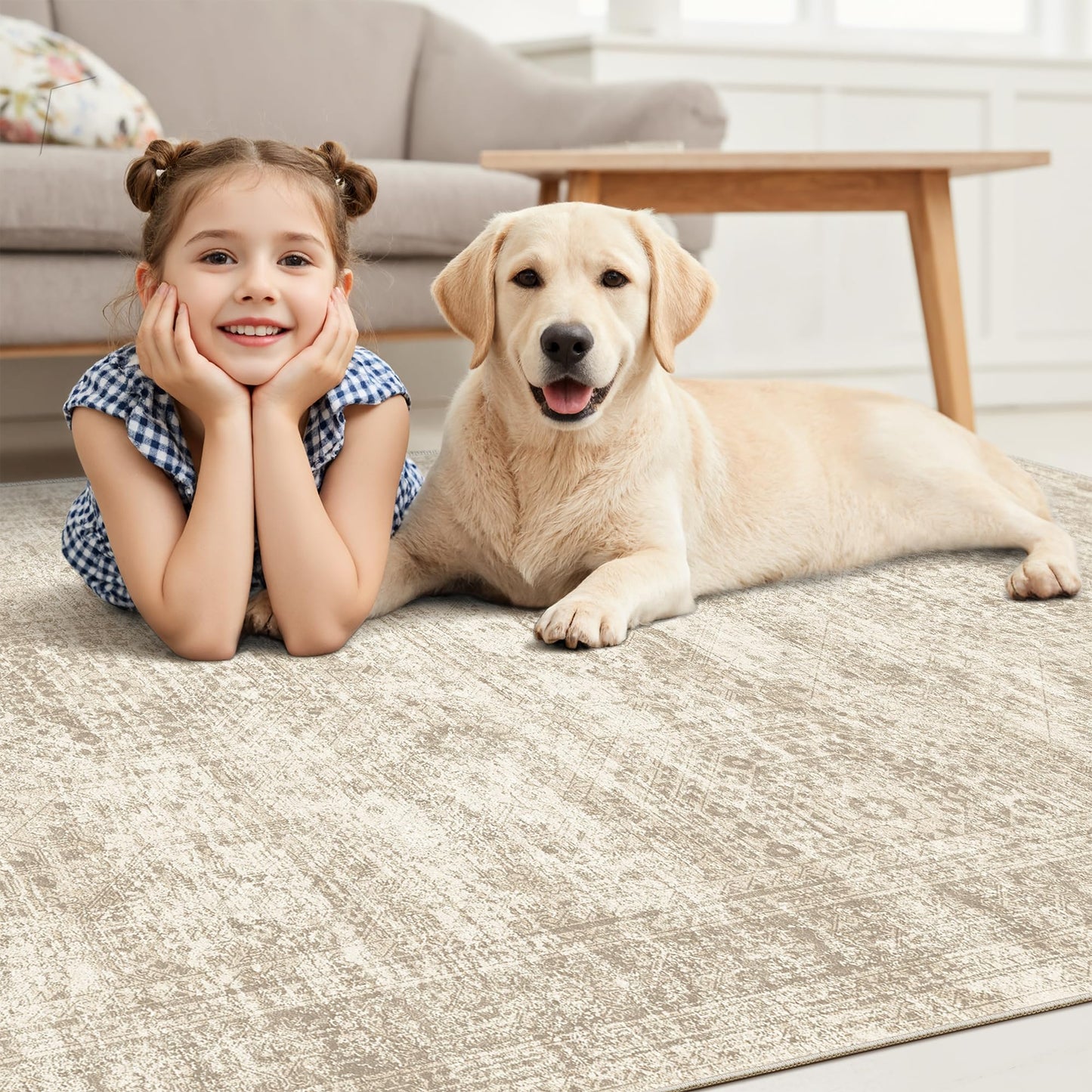Soalmost 10x14 Area Rugs for Living Room, Non Slip Machine Washable Vintage Rugs, Low Pile Lightweight Large Rug for Bedroom, Dining Room, Home Office Beige