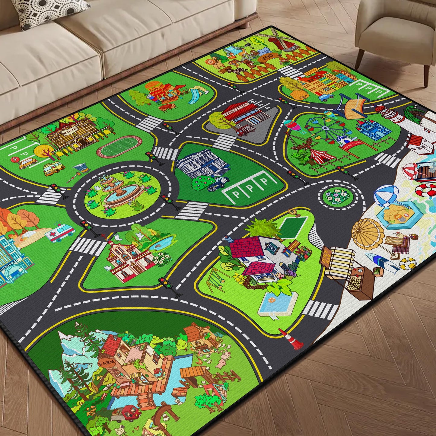 Didswuit Play Rug for Playroom 59"x39", Kids Car Mat Town City Road Map Carpet, Fun Car Playmat Area Rugs Non-Slip Washable for Bedroom