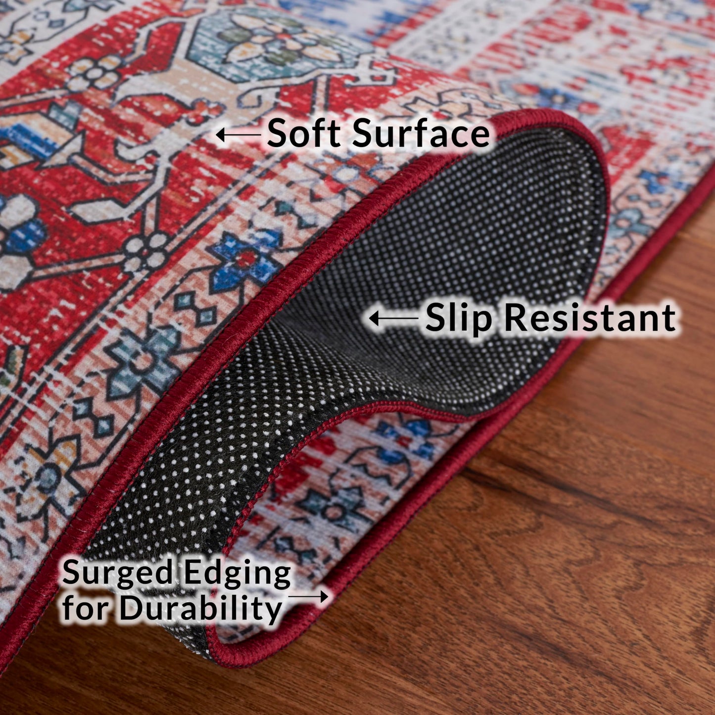 SAFAVIEH Washable Rug Tucson Collection - 6'6' x 9', Blue & Red, Slip Resistant & Easy to Clean, Ideal for Living Room, Bedroom, Dining Space (TSN102M)