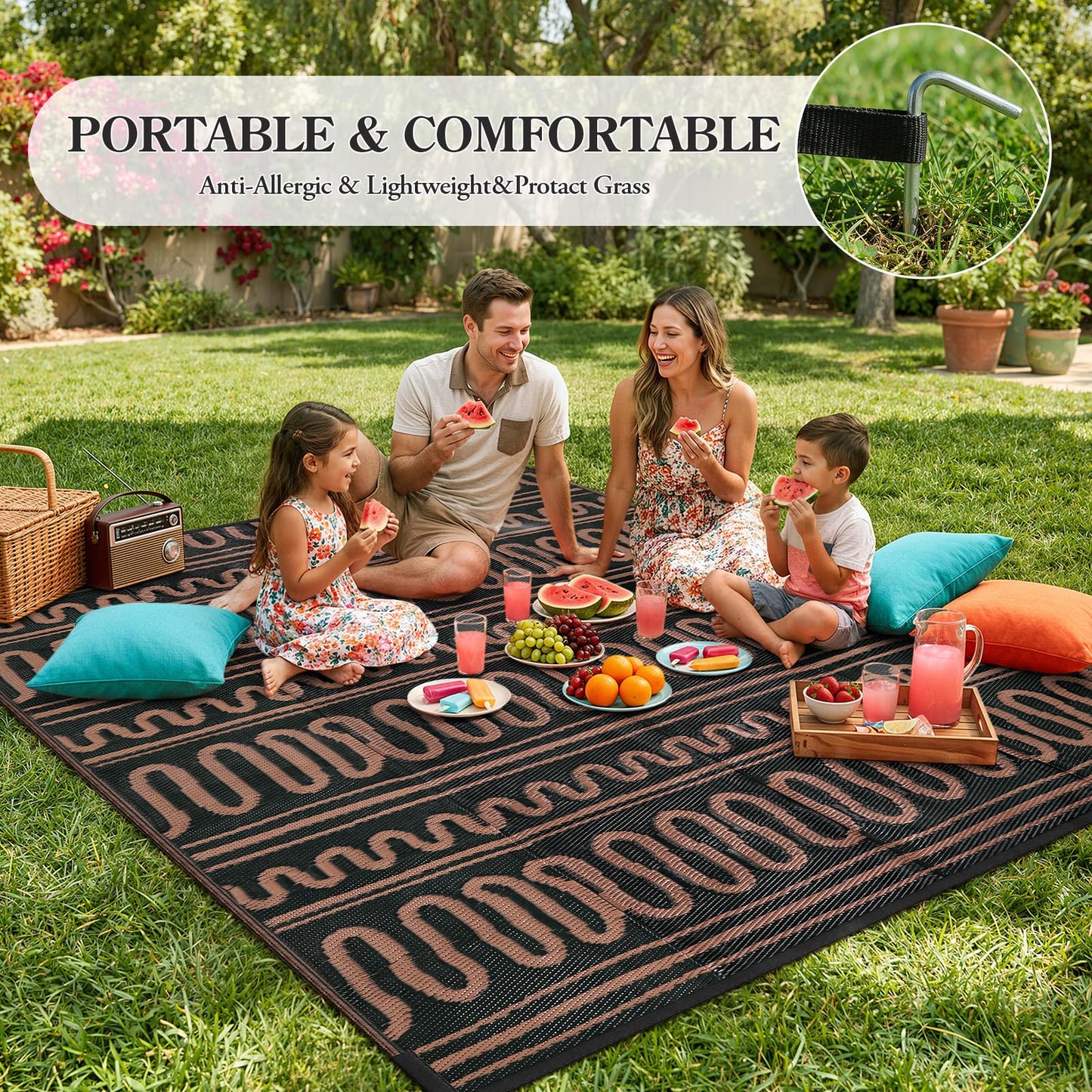 Beeiva Outdoor Rug 8x10 Waterproof for Patio, Reversible Plastic Straw Rug for Deck, Backyard, RV Camping, Black Brown