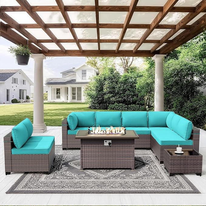 ALAULM 10 Pieces Outdoor Patio Furniture Set with Propane Fire Pit Table Outdoor Sectional Sofa Sets Patio Furniture 43" Gas Fire Pit Brown PE Rattan Patio Conversation Set w/8 Seat Cushions (Blue)