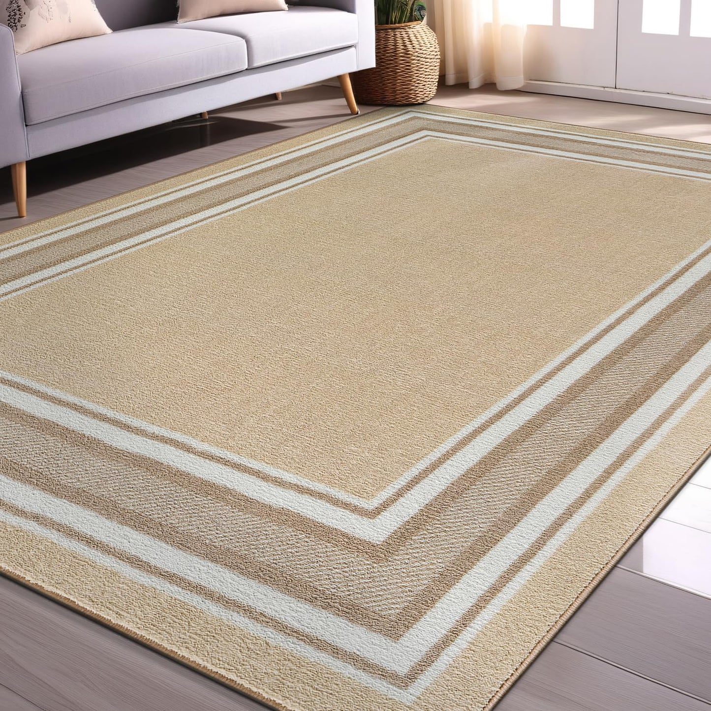 Beverly Rug Non Slip Area Rugs 5x7 Modern Bordered Non Skid Rubber Backing Soft Area Rug for Living Dining Room Easy to Clean Non Shedding Kitchen Bedroom Indoor Carpet 5 x 7 Beige
