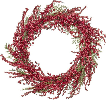 Red Co. 30” Light-Up Christmas Wreath with Red Cranberries, Battery-Operated LED Lights with Timer