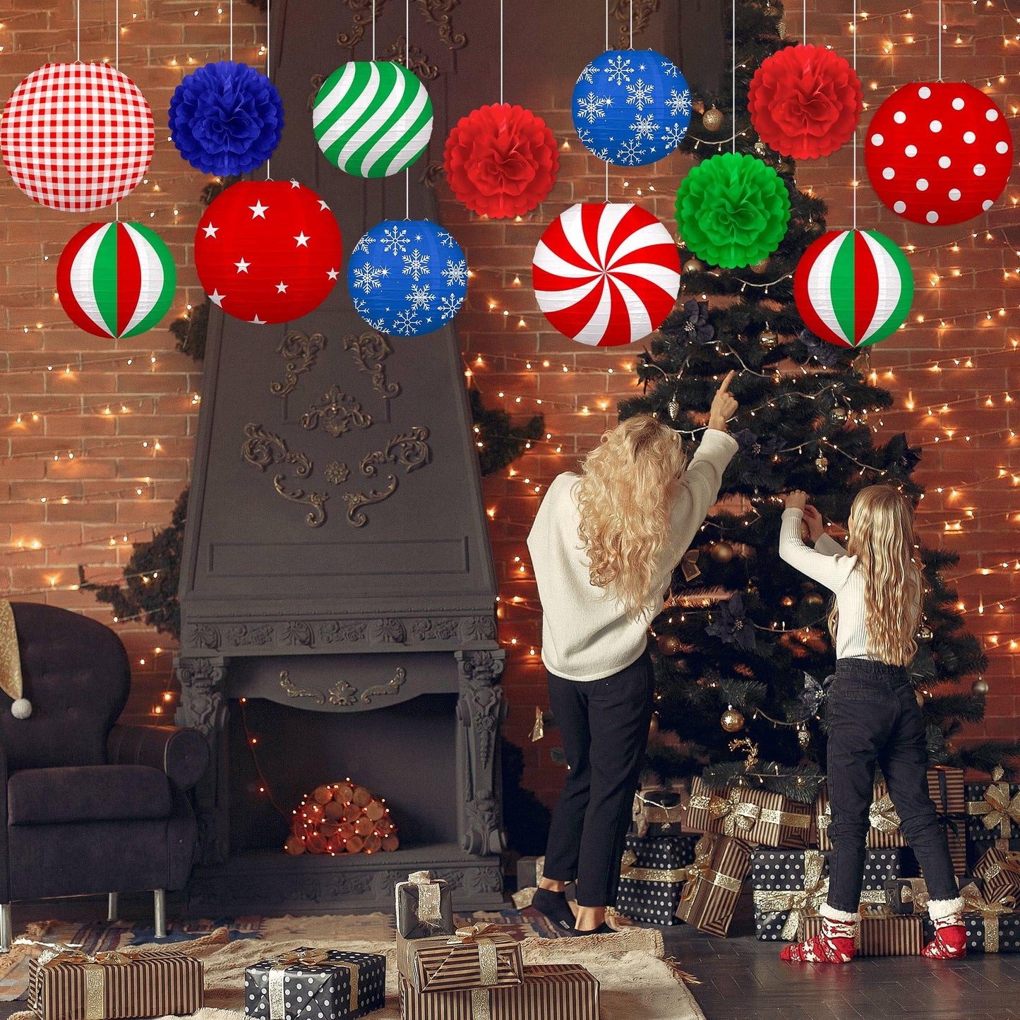 Renbuzhu 13PCS Christmas Decorations Ornaments Set – 9 Red Green Blue Hanging Paper Lanterns, 4 Pom Poms for Indoor, Home, Xmas Party, Porch Decor