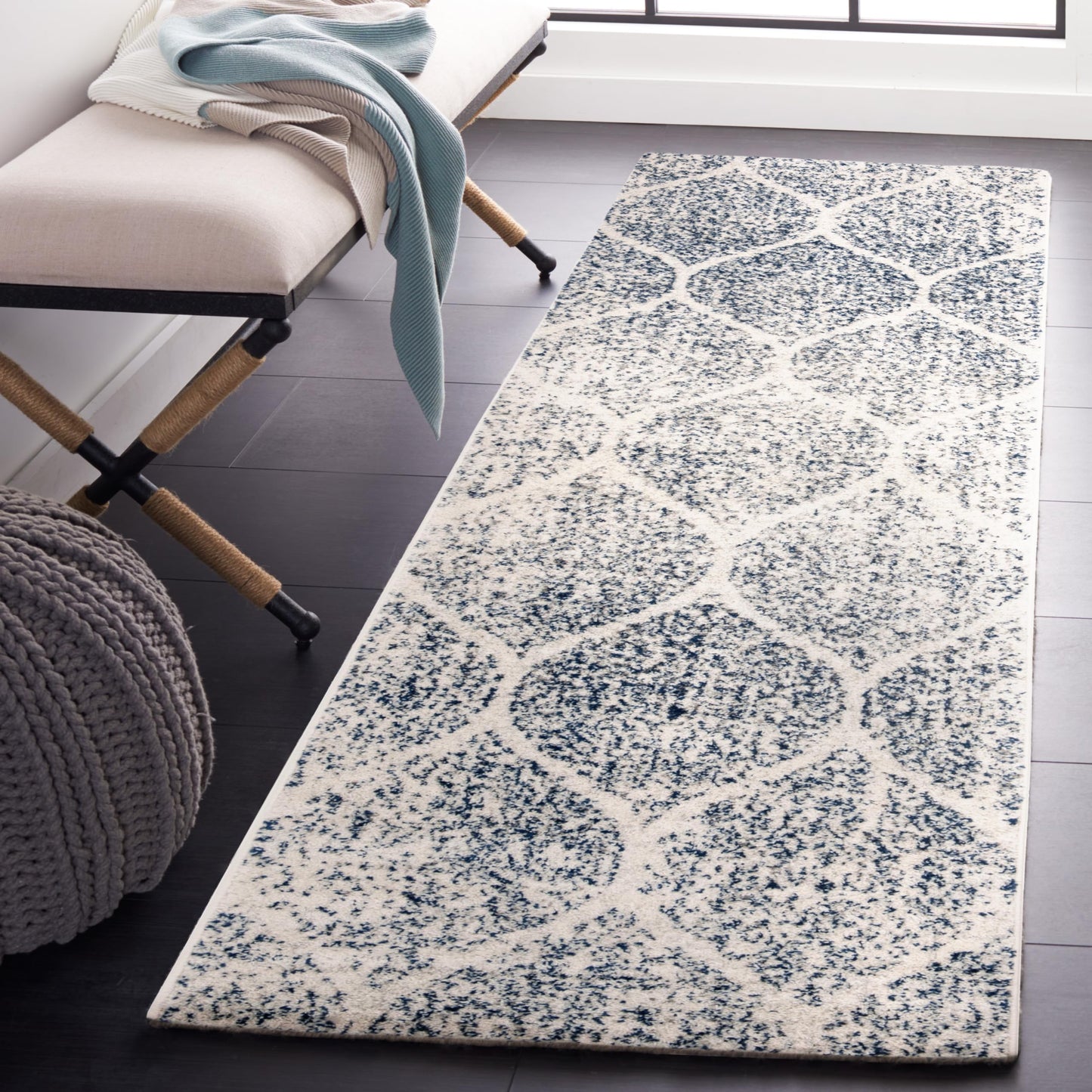 SAFAVIEH Madison Collection Runner Rug - 2'3" x 20', Cream & Royal Blue, Glam Ogee Trellis Distressed Design, Non-Shedding & Easy Care, Ideal for High Traffic Areas in Living Room, Bedroom (MAD604A)