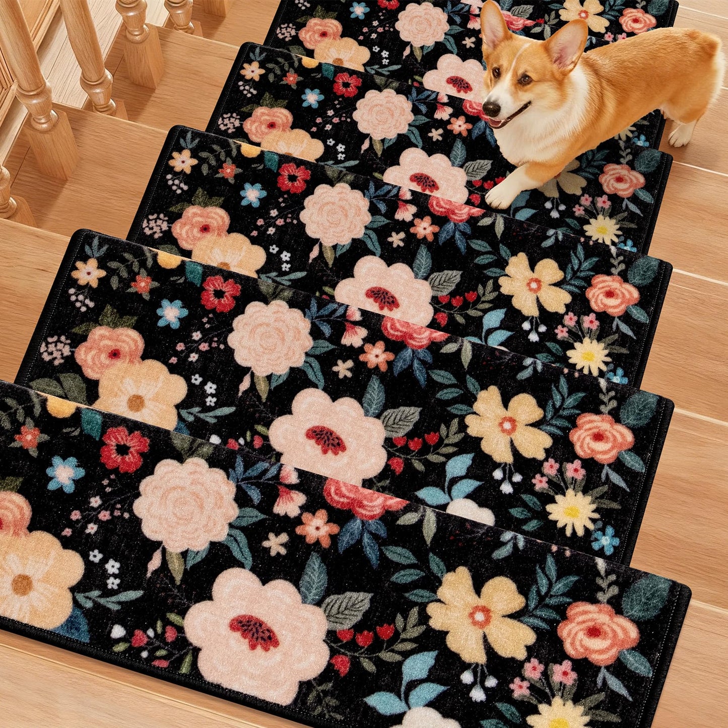RORA Bullnose Stair Treads for Wooden Steps,Non-Slip Peel and Stick Stair treads Stair Carpet for Indoor Runner and Pets,Floral Stair Rugs,Soft Washable Staircase 14pcs 29.5 ''x9.5 ''x1.5 ''