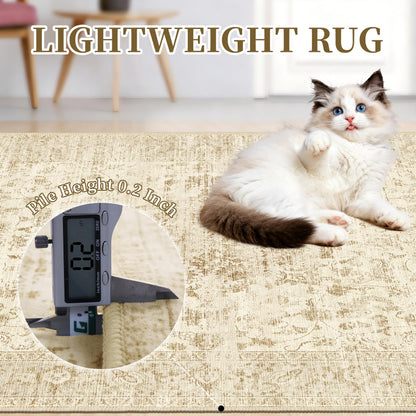 TTelephant Beige Living Room Rugs 8x10, Neutral Vintage Boho Carpet for Bedroom and Dining Room, Low Pile Nursery Indoor Area Rug with Non-Slip Silicone Backing, Non-Shedding