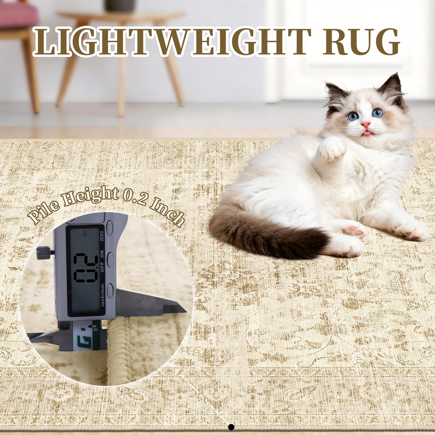 TTelephant Beige Washable Rugs 5x7, Neutral Vintage Boho Carpet for Bedroom, Living Room and Dining Room, Low Pile Nursery Area Rug with Non-Slip Silicone Backing, Non-Shedding