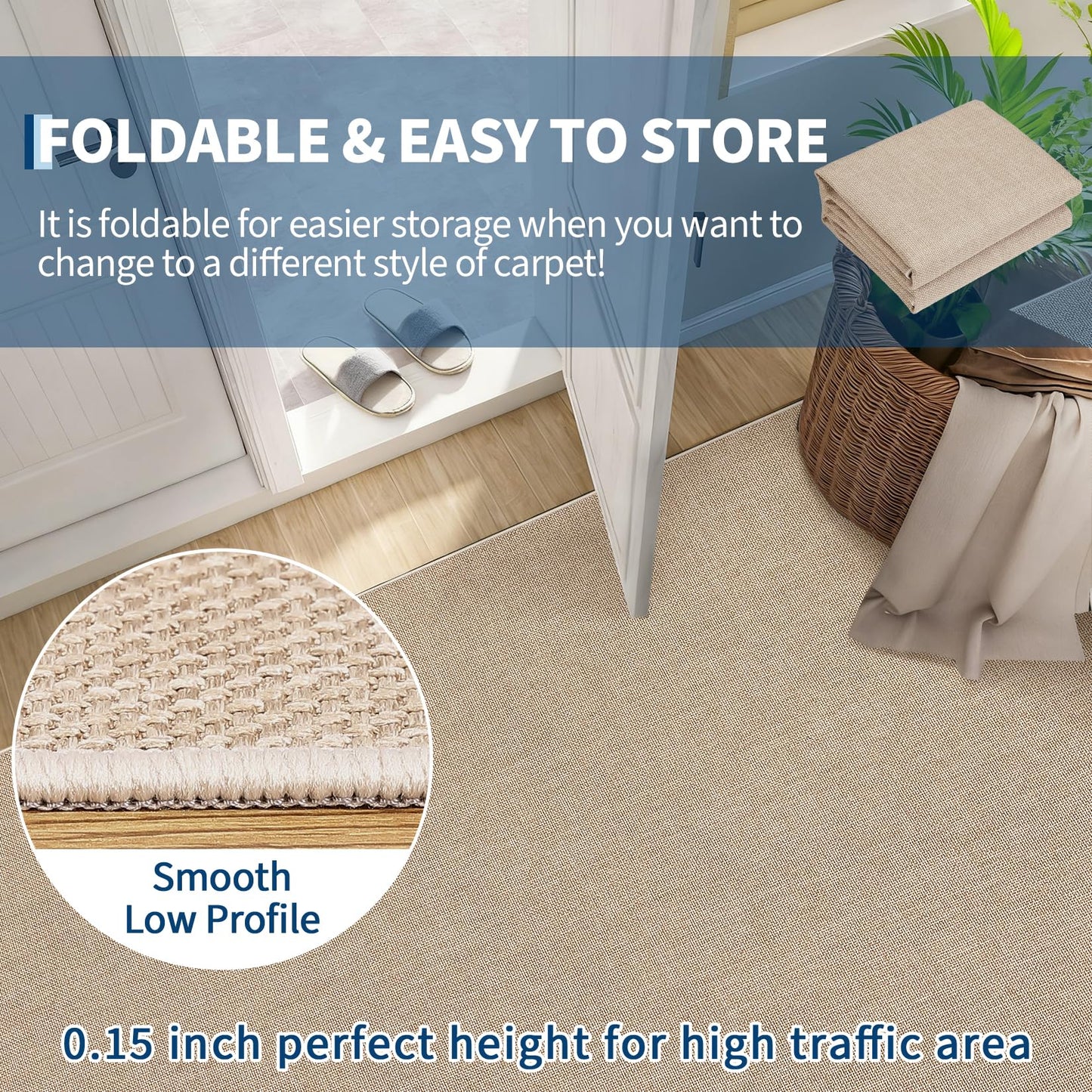 Garvee Modern Solid Washable Rug 8x10 Area Rug for Living Room Woven Textured Ultra-Thin Mat Non Slip Non-Shedding Indoor Floor Cover Foldable Farmhouse Carpet for Bedroom Office Dining Room Tan