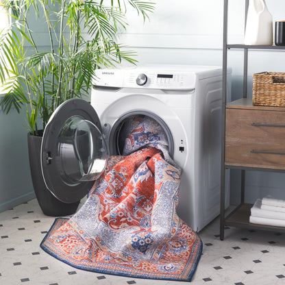 SAFAVIEH Washable Rug Tucson Collection - 4' x 6', Rust & Blue, Slip Resistant & Easy to Clean, Ideal for Foyer, Kitchen, Nursery, Office, Bedroom (TSN171P)