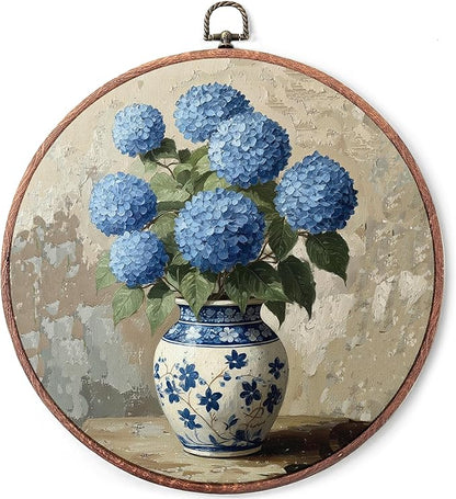 Threegoat Chinoiserie Spring Floral Framed Round Wall Art,Blue and White Hydrangea Flowers Wall Art Decor for Bedroom,Vintage Wall Hanging Decor for Grand Millenial Grandmillennial Home - A09