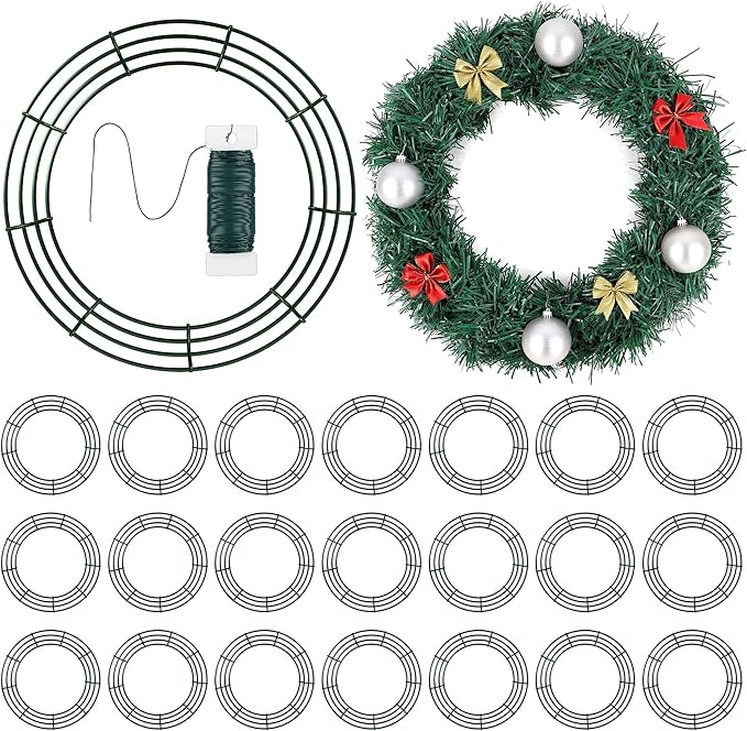 Fovths 24 Pieces Metal Christmas Wire Wreath Frame 18 Inch Green Wreath Ring with Floral Wire Form Front Door Garland Frame for Christmas Wedding Home DIY Crafts Supplies