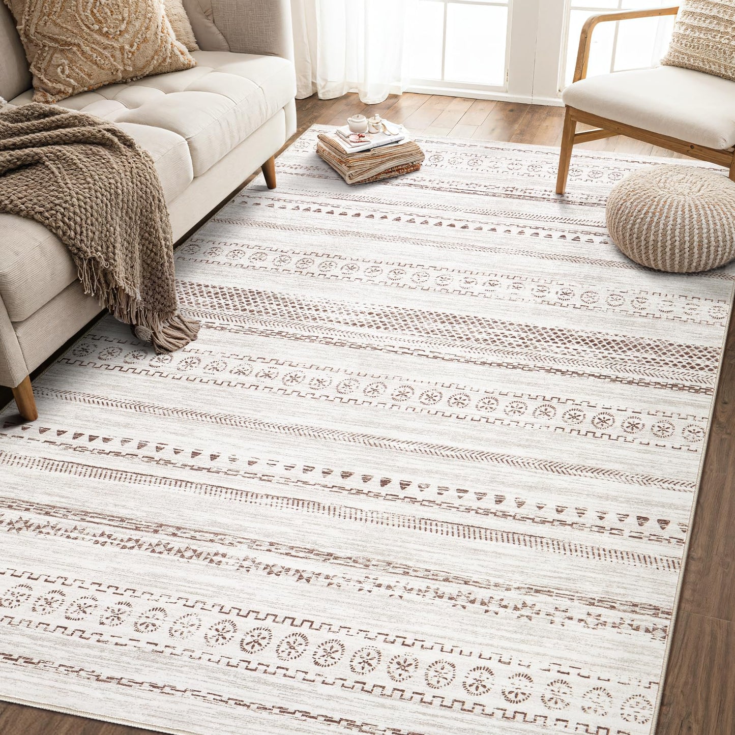 kakania 5x7 Washable Area Rug: Non Slip Soft Thin Carpet, Boho Geometric Modern Decor, Easy Clean Indoor Floor Rugs for Living Room Bedroom Kids Dorm Office Dining - Brown