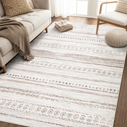 kakania 5x7 Washable Area Rug: Non Slip Soft Thin Carpet, Boho Geometric Modern Decor, Easy Clean Indoor Floor Rugs for Living Room Bedroom Kids Dorm Office Dining - Brown