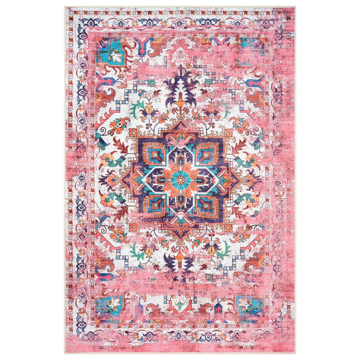 GLN Rugs Bohemian - Serik - Machine Washable Area Rug, Boho Washable, Non Slip, Low Pile Chenille Area Rug, Living Room, Bedroom, Kitchen Rug - Easy Clean (6' x 9' Pink/Multicolor)