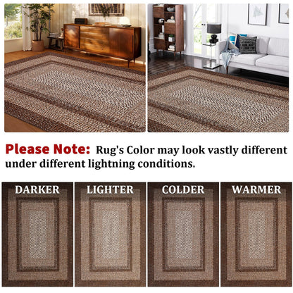 MilleLoom Braided Print Washable Rug 8x10 Area Rugs for Living Room Soft Bedroom Rug Stain-Resistant Rustic Foldable Mat Non Slip Low Pile Farmhouse Carpet for Dining Nursery Cottage Office Brown