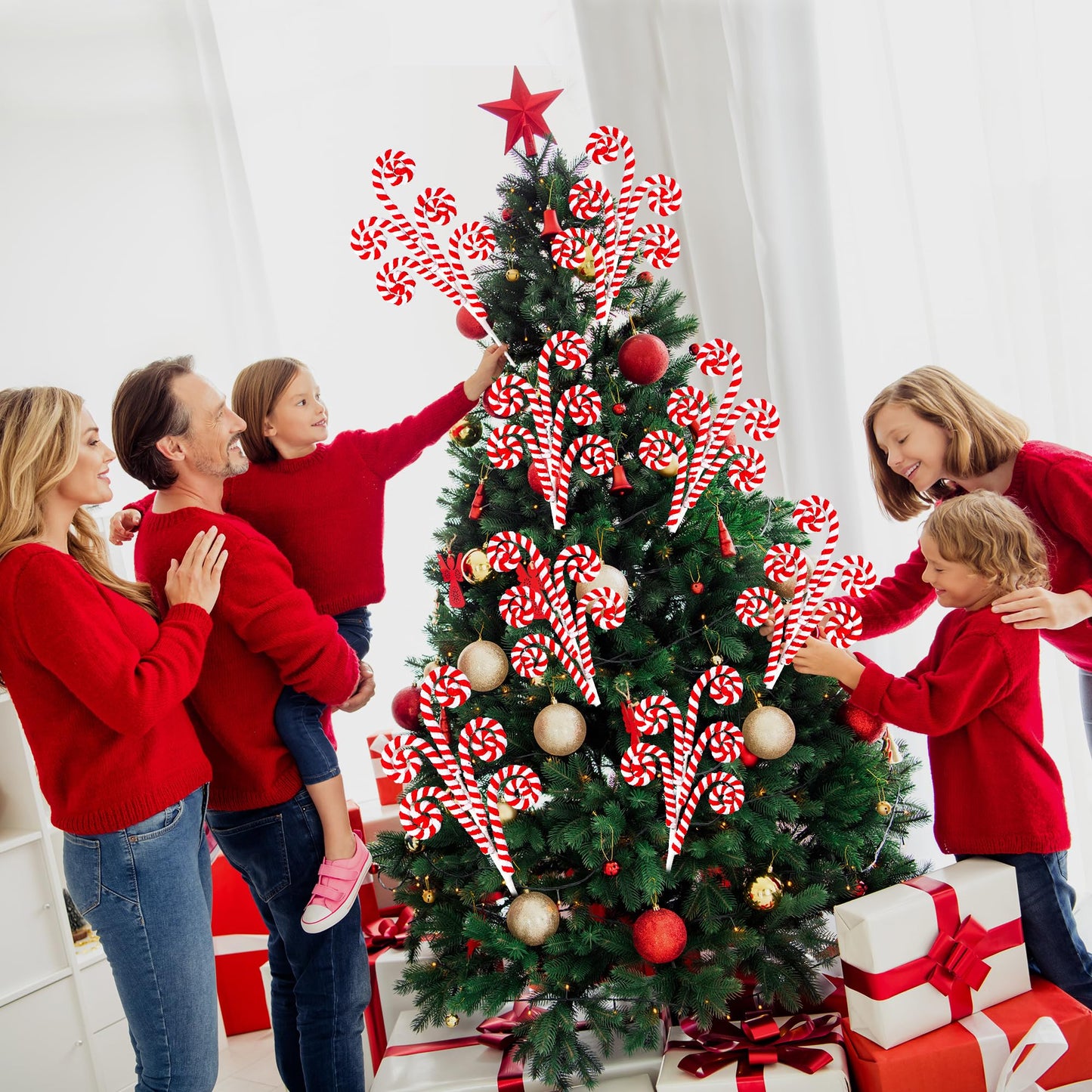 Sggvecsy 6 Pcs Christmas Tree Decoration Woolen Bells Candy Cane Shape Picks Lollipop Curly Pick Ornaments Xmas Tree Topper for Party Vase Filler Home Office Decor (Red)