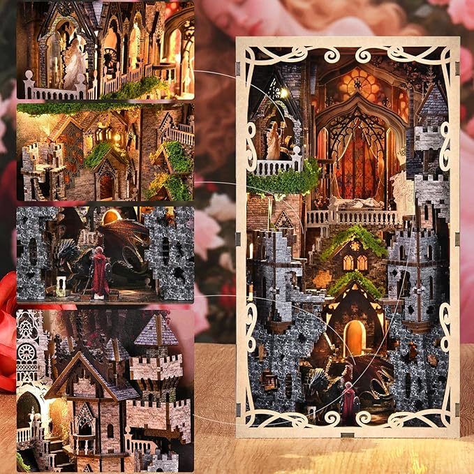 DIY Book Nook Kit for Adults 3D Wooden Puzzle Bookend Bookshelf Insert Decor with LED Light and Dust Cover (Sleeping Beauty)