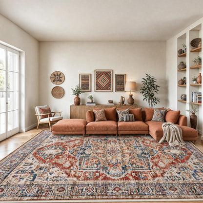 AMADA HOMEFURNISHING 8x10 Washable Area Rug, Low-Profile Large Area Rug with Non-Slip Backing & Durable Edge Binding, Vintage Large Rugs for Living Room, Bedroom, Dinning Room