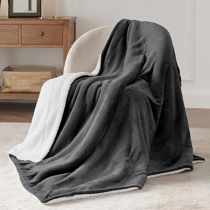 Bedsure GentleSoft Sherpa Fleece Throw Blanket Twin Size for Couch - Thick and Warm Throw for Men, Soft Fuzzy Plush Twin Blanket for Winter, Charcoal, 60x80 Inches