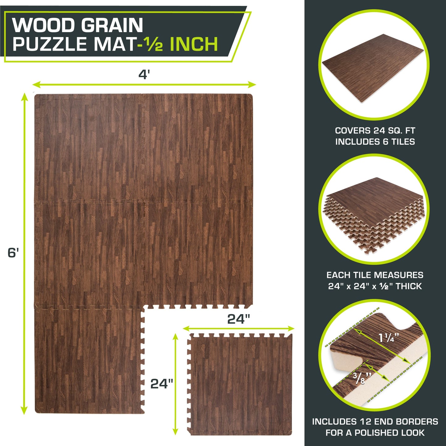 ProsourceFit Wood Grain Puzzle Mat ½-inch, 6 EVA Foam Interlocking Floor Tiles (24 SQ FT) for Secure Indoor Gym Flooring, Office Spaces, Living Rooms, and Play Areas, Dark Oak