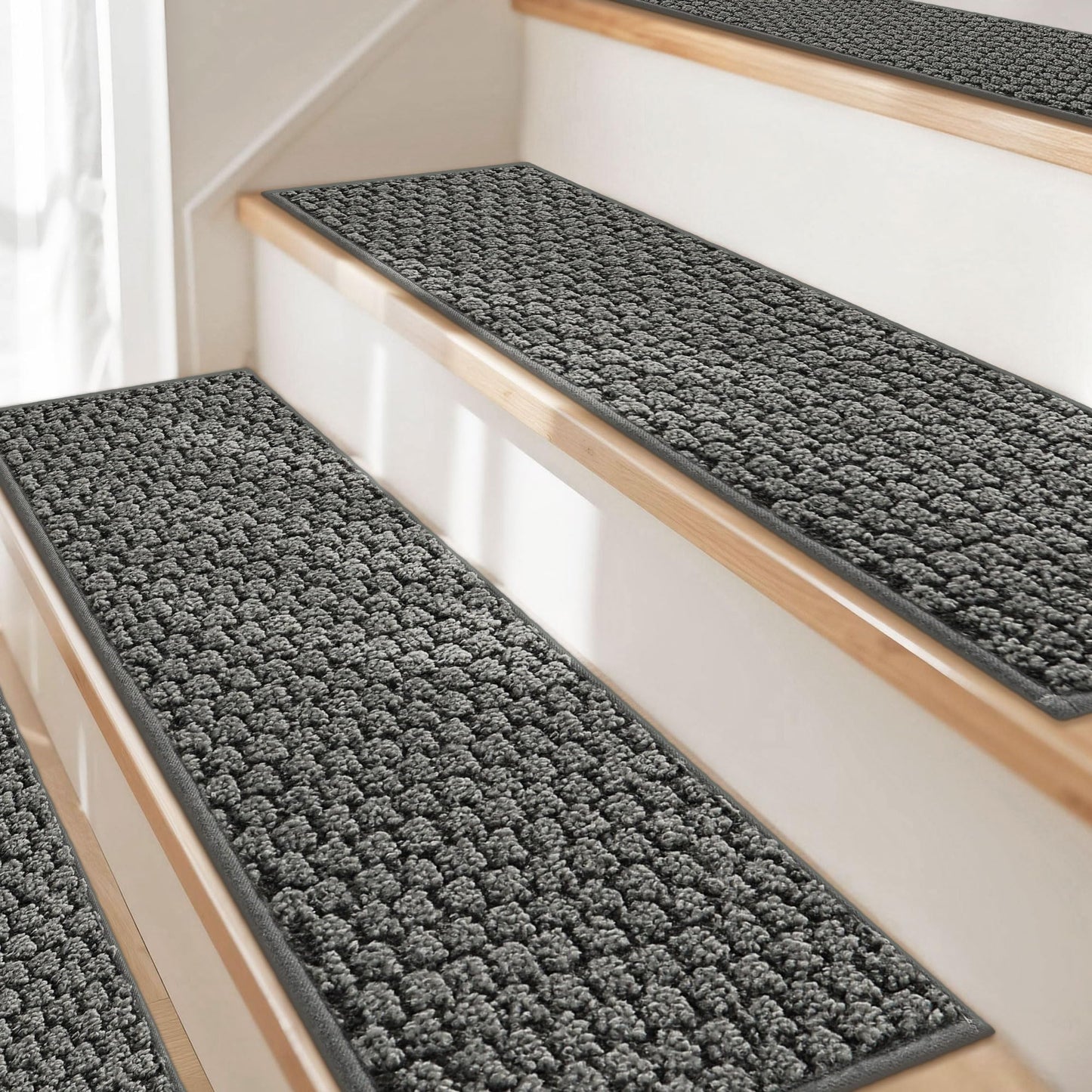 JSEI Stair Treads for Wooden Steps, 4 Pack 9" X 28" Non-Slip Machine Washable Carpet Stair Treads with TPE Backing, Soft Indoor Stair Rug Runner for Kids Elders & Pets, 100% Polyester, Grey