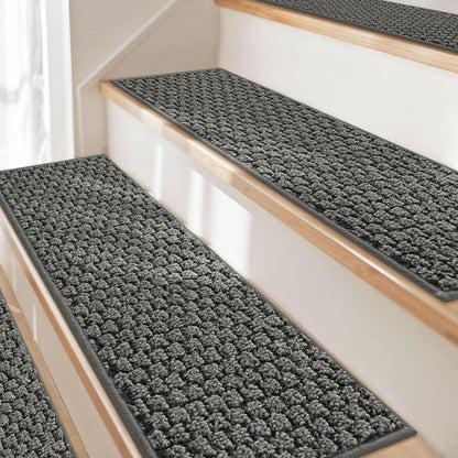 JSEI Stair Treads for Wooden Steps, 4 Pack 9" X 28" Non-Slip Machine Washable Carpet Stair Treads with TPE Backing, Soft Indoor Stair Rug Runner for Kids Elders & Pets, 100% Polyester, Grey