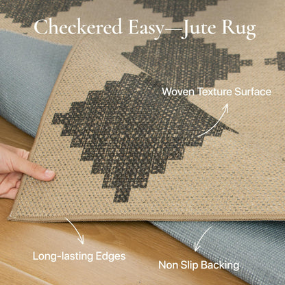 Bavni Checkered Easy Jute Rug,3x5 Area Rug Machine Washable Non Slip Woven Plaid Carpet, Geometric Diamond Non Shedding Low Pile Modern Farmhouse Floor Mat for Living Room, Bedroom, Entryway