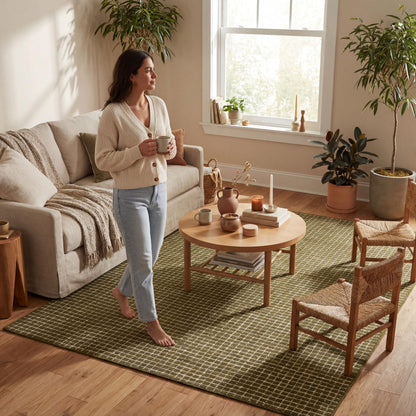 Rugs USA Melrose Moss/Ivory, 6' x 9', Handmade, Checked, Wool, Soft and Cozy, High Traffic, Stain Resistant, Easy Clean, Durable Area Rug for Bedroom, Living Room, Dining, Den, Entryway