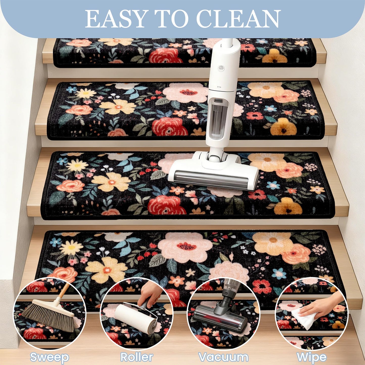 RORA Bullnose Stair Treads for Wooden Steps,Non-Slip Peel and Stick Stair treads Stair Carpet for Indoor Runner and Pets,Floral Stair Rugs,Soft Washable Staircase 14pcs 29.5 ''x9.5 ''x1.5 ''