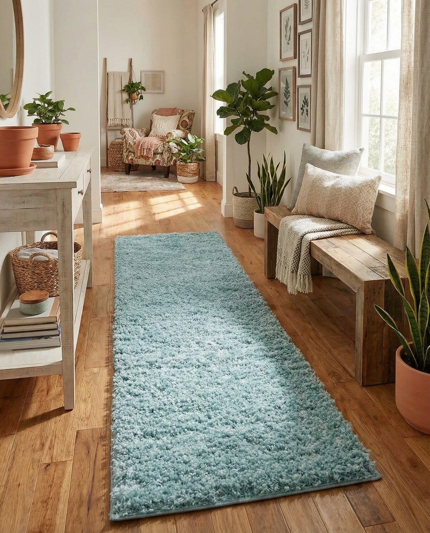 Rugs.com - Everyday Shag Rug – 13 Ft Runner Turquoise Shag Rug – Plush 1.25" High Pile, Stain-Resistant, Easy-Clean Runner for Hallways, Entryways, and Kids Playrooms