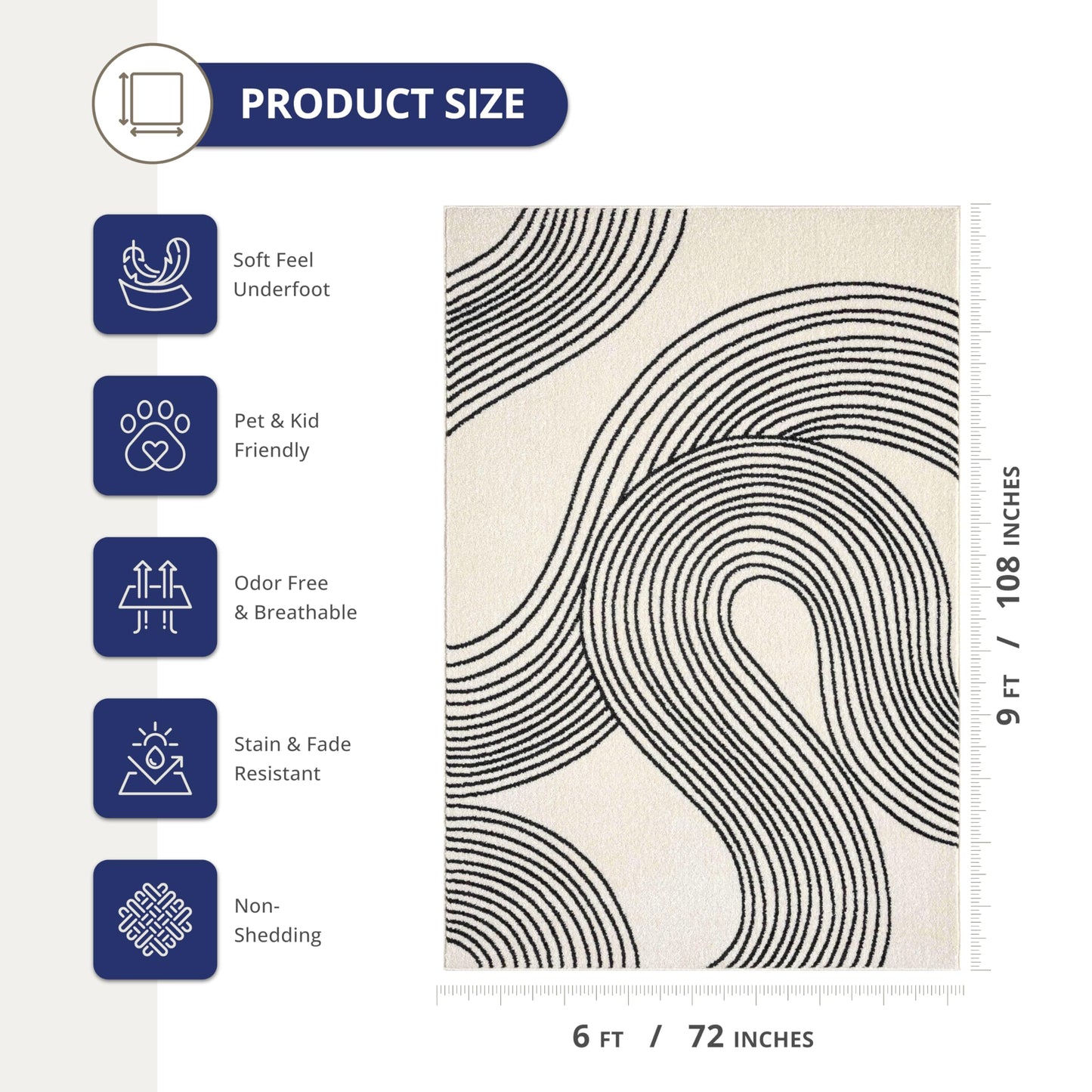 Abani Cream and Black Swirl Area Rug | 6" x 9" Beige Carpet with Wave Pattern | Modern Rug for Living Room, Bedroom and Office | Nuevo Collection
